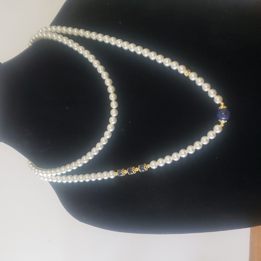 Elegant Freshwater Pearl and Lapis Lazuli Necklace with Goldtone Accents, NWT